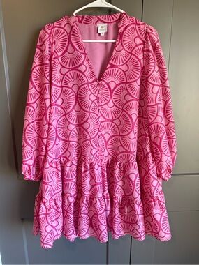 j.marie Pink Geometric Fan Print Tiered Mini Dress V-Neck Balloon Sleeve Small